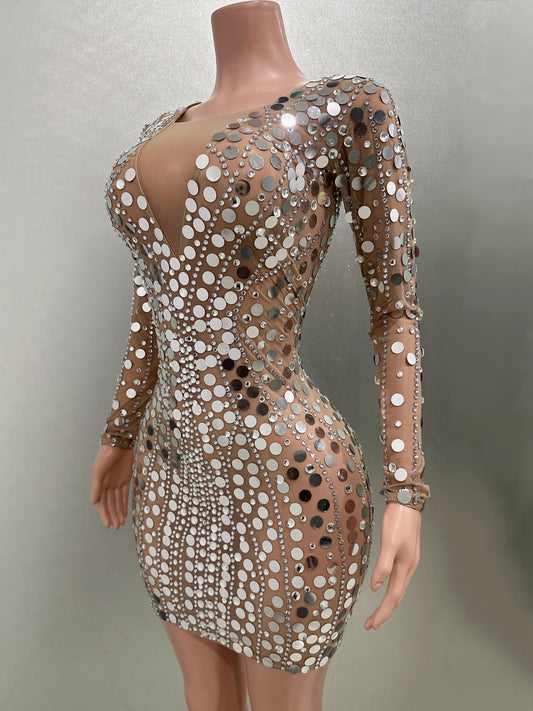 Luxury Mirror Surface Sequins Sexy See-Through Sheath Dress Evening Party Performance Costume Nightclub Singer Dancer Stage Wear