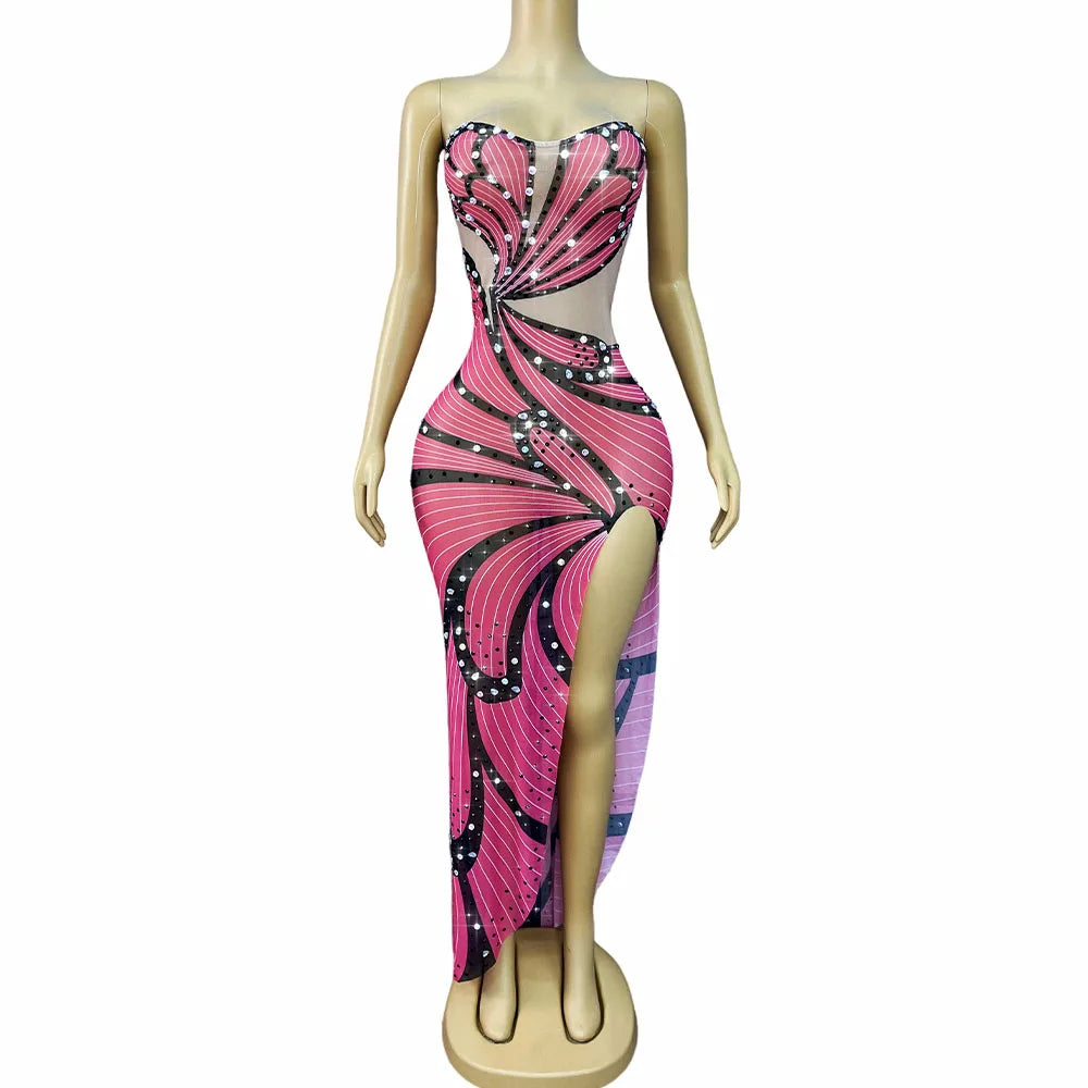 Luxurious Shining Rhinestones Sexy High split Transparent Mesh Tube Dress Women Evening Pary Elegant Gown Red carpet Stage Wear