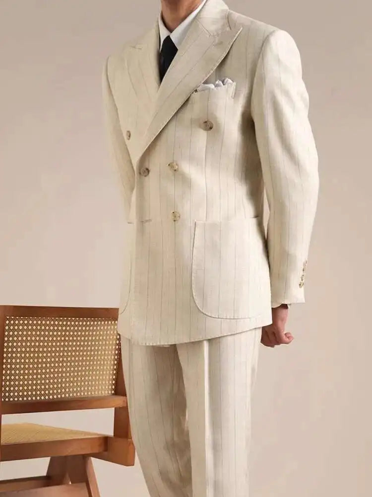 Luxury Stripe Business Suits for Men Double Breasted Formal Casual Dress Suits 2 Pieces Elegant Costume Homme Men Tuxedo Suit