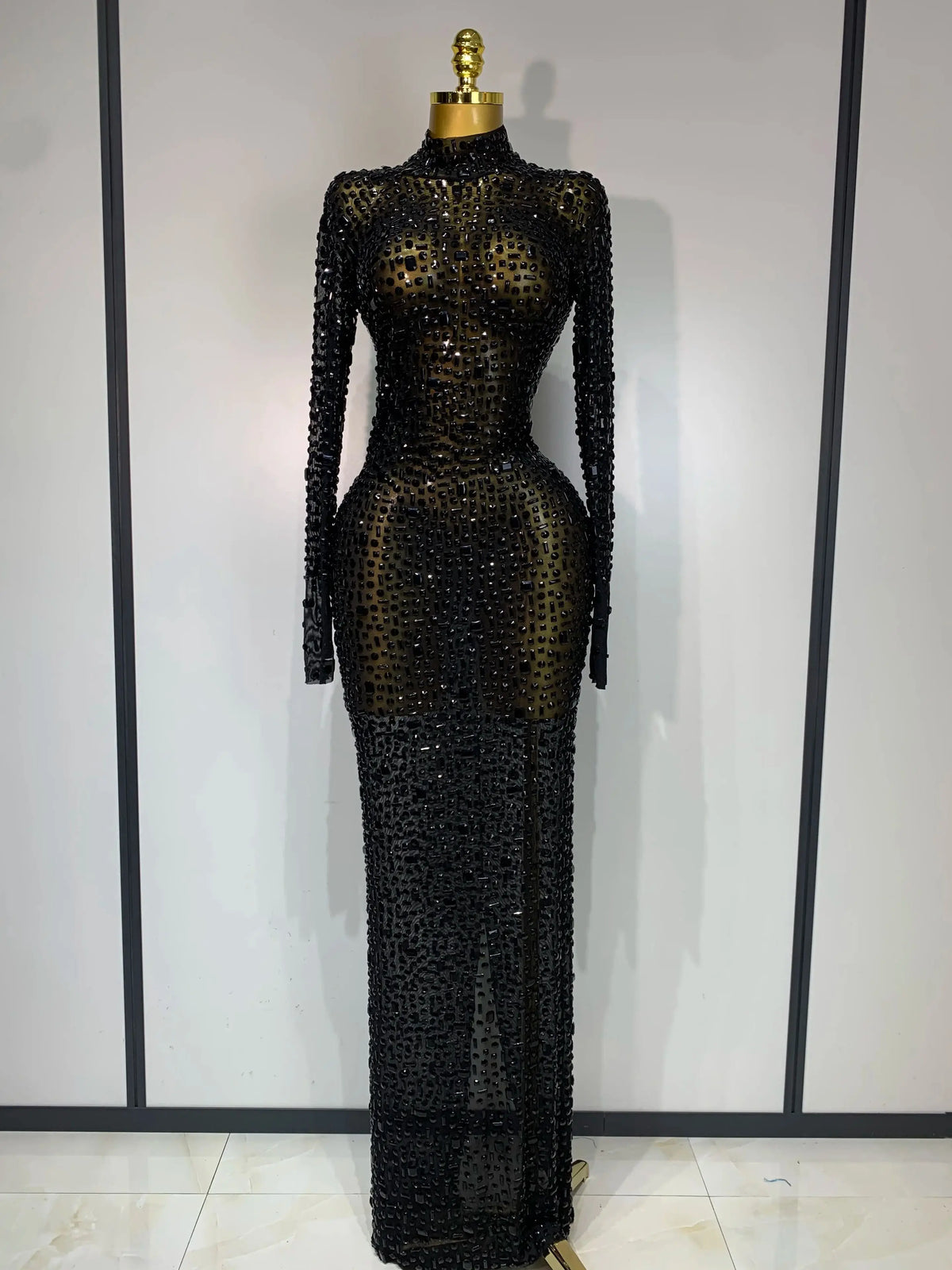 Sparkly Luxury Rhinstones Long Sleeve Elegant Party Dress Women Performance Stage Outfit Evening Birthday Prom Gown