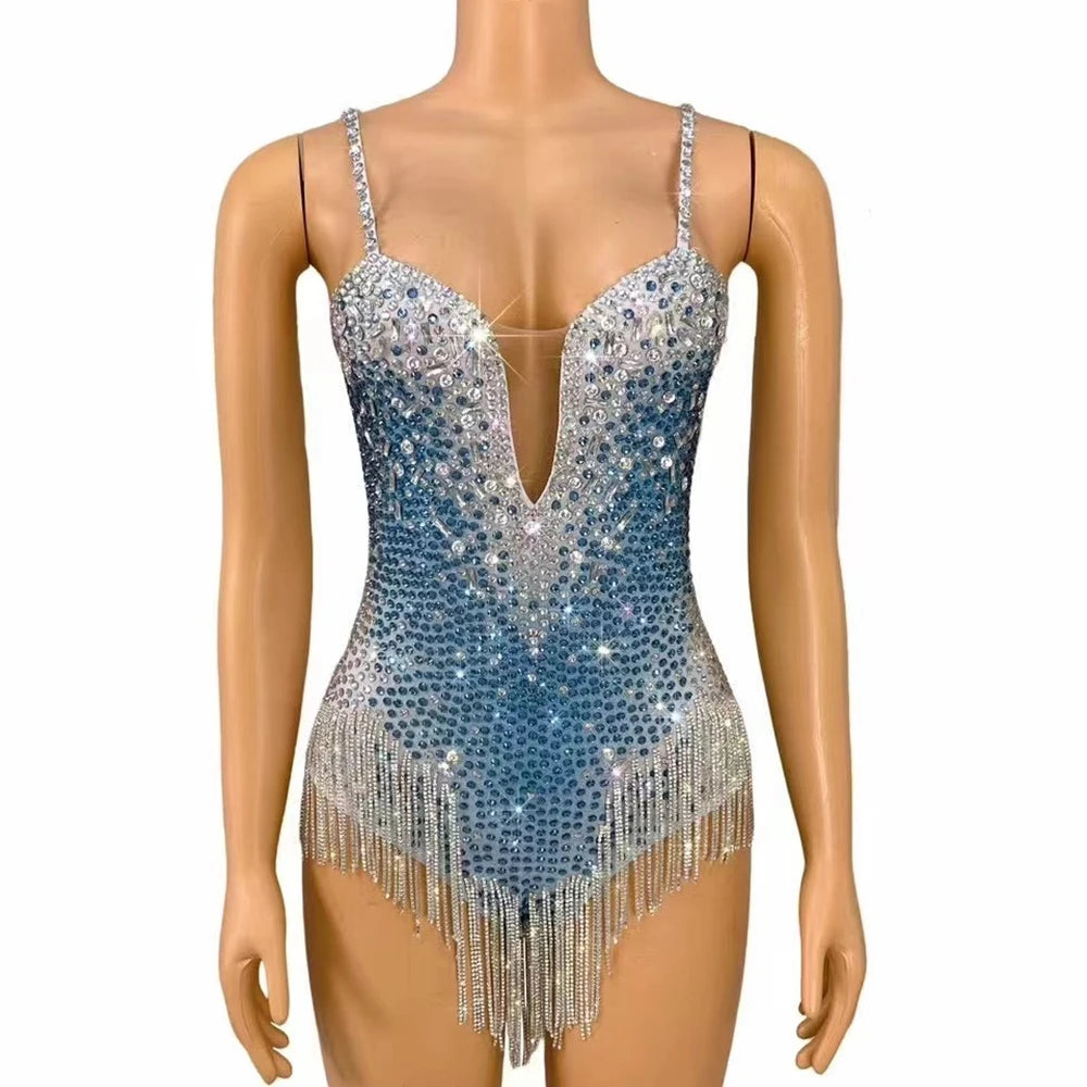 Customized Sparkly Rhinestones Chains Bodysuit for Women Sexy Performance Dance Costume Singer Dancer Leotard Show Stage Wear