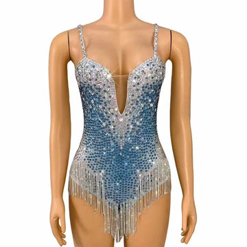 Customized Sparkly Rhinestones Chains Bodysuit for Women Sexy Performance Dance Costume Singer Dancer Leotard Show Stage Wear
