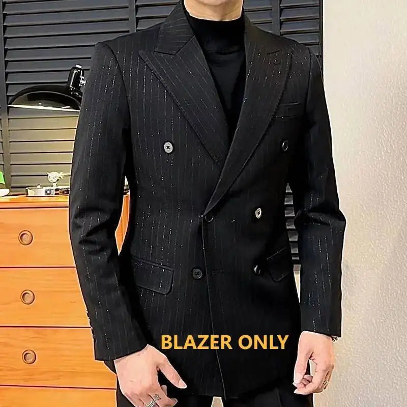 Lurex Yarn Casual Double Breasted Stripe for Men Blazer Masculino British Daily Men Blazer Hombre Fashion Shiny Slim Blazer