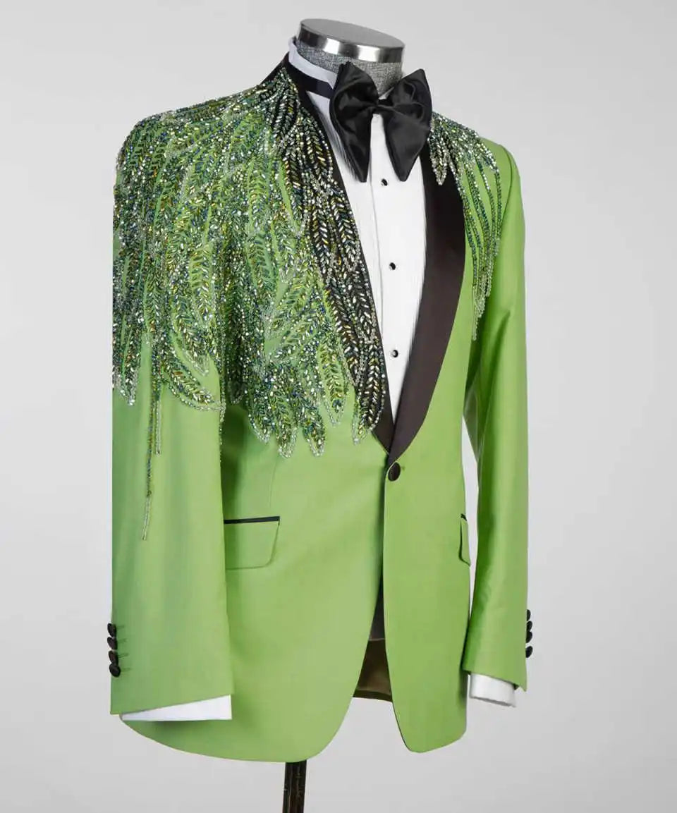 Unique Men's Suit Beading Shawl Lapel Blazer 2 Pieces Set Outfits Rhinestone Coat Prom Formal Occasion Customized Jacket Pants