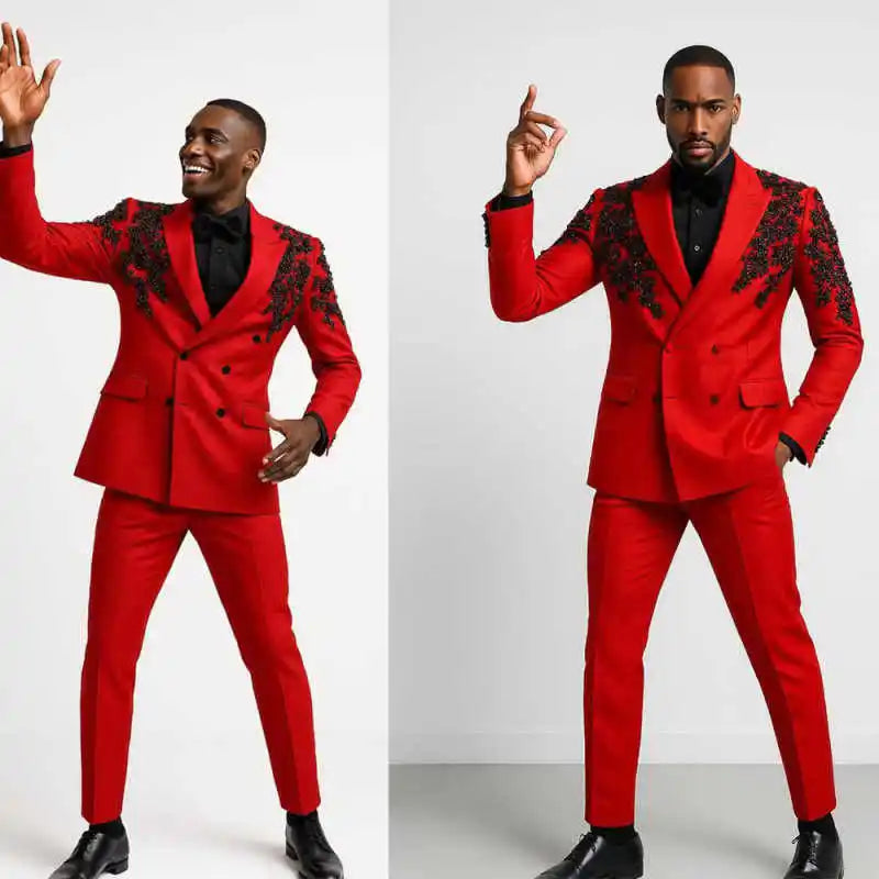 Appliques Classic Wedding Suits For Groom Peaked Lapel Double Breasted Tuxedos 2 Pcs Jacket Pants Evening Party Prom Customized