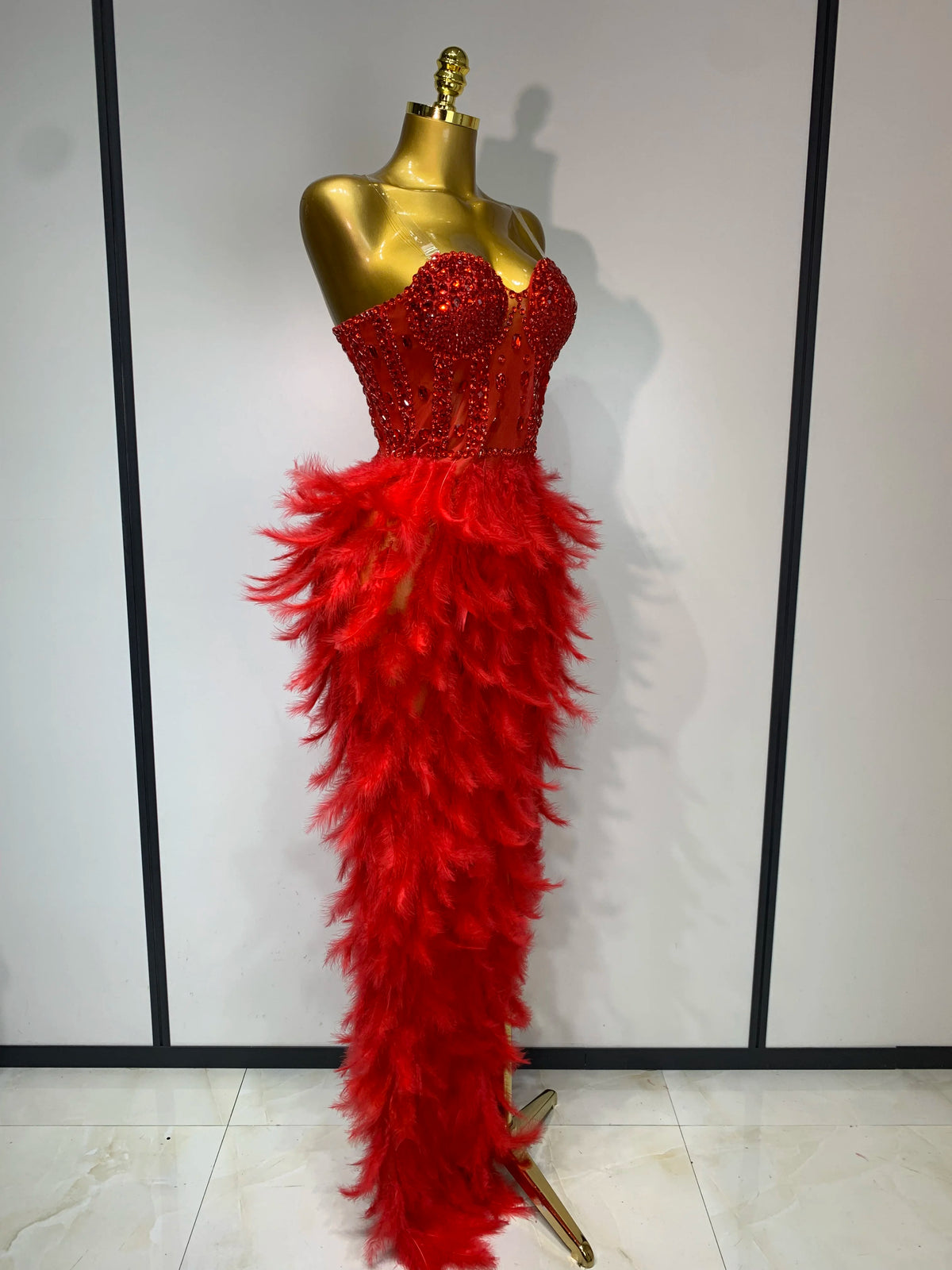 Sparkly Rhinestone Feather Mesh Long Dress Women Sexy Elegant Evening Party Luxury Birthday Photo Shoot Performance Costume