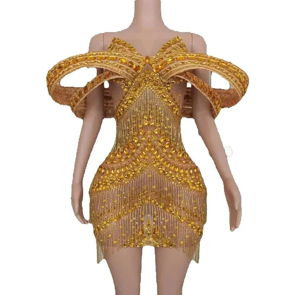 Luxury Sparkly Gold Black Rhinestones Chain Short Mesh Dress Women Sexy Celebrate Evening Birhthday Party Photoshoot Costume