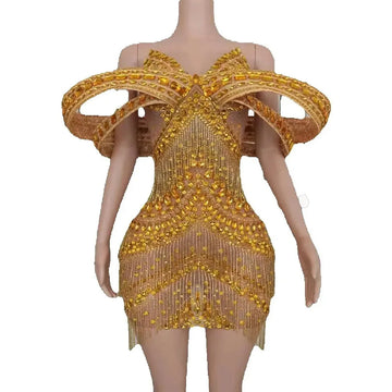 Luxury Sparkly Gold Black Rhinestones Chain Short Mesh Dress Women Sexy Celebrate Evening Birhthday Party Photoshoot Costume