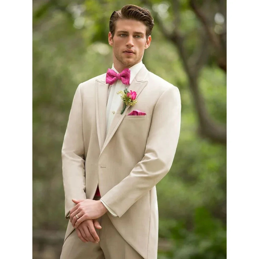 Men's Beige Tuxedo with Pink Bow Tie and Cummerbund Floral Boutonniere Set