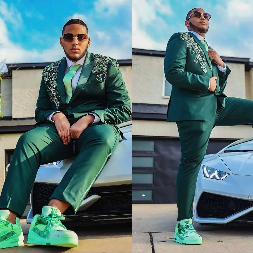 Vintage Men Suits Notched Lapel Appliques Tailor-Made 2 Pieces Set Jacket Crystal Blazer Two-Button Groom Customized Coat Pants