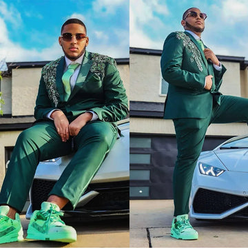 Vintage Men Suits Notched Lapel Appliques Tailor-Made 2 Pieces Set Jacket Crystal Blazer Two-Button Groom Customized Coat Pants