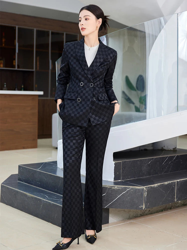 Fashion Ladies Formal Pant Suit Women Purple Pink Black Plaid Jacket and Trouser Female Business Work Wear 2 Piece Blazer Set