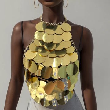 Shiny Metal Sequins Women Camisole Sexy Backless Halter Neck Hollow Out Tassel Tank Top Summer Party Nightclub Crop Tops New