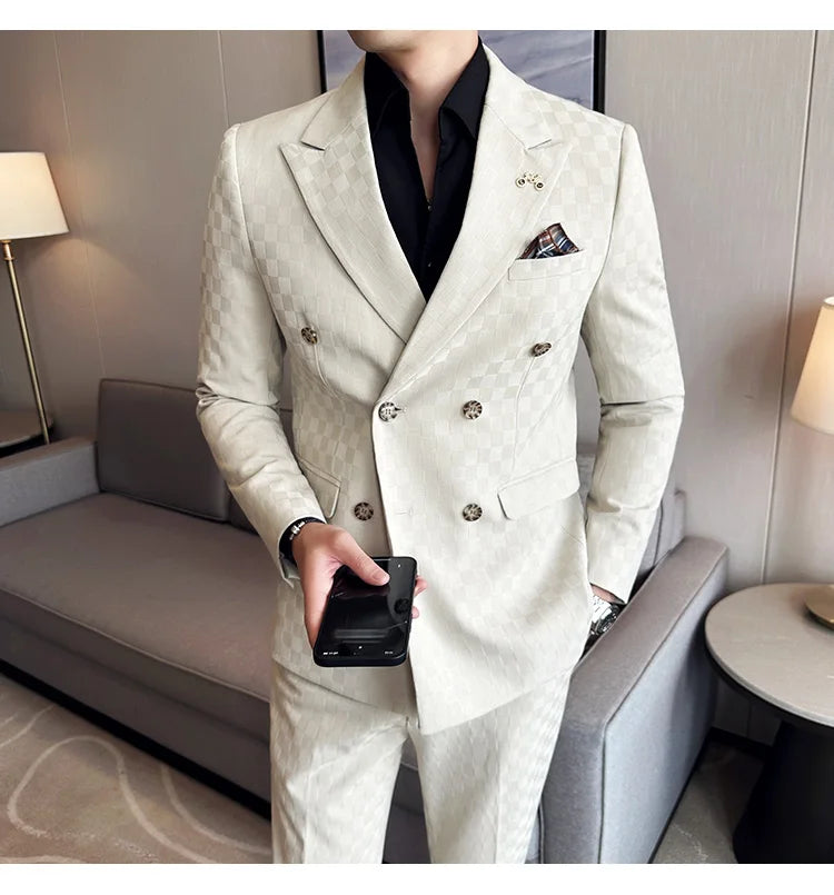 Elegant Double-Breasted Navy Checker Suit for Men – Custom Tailored Business & Wedding Attire, Stylish Formalwear Set