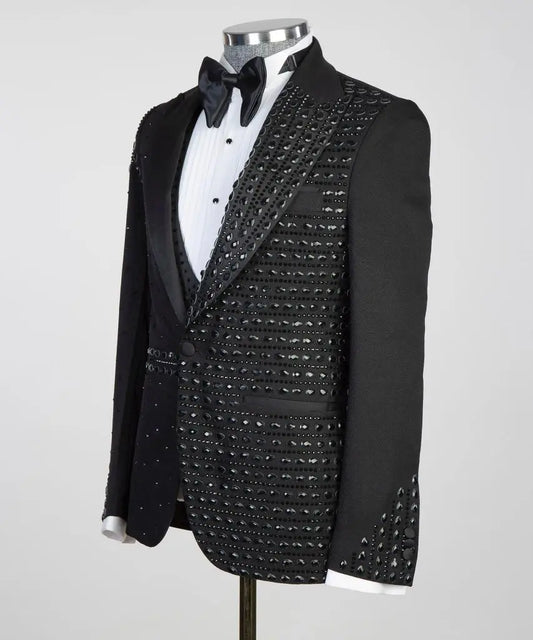 Crystals Men Suit Set 2 Pieces Black Blazer+Straight Pants Trouser Formal Office Jacket Coat Wedding Groom Tuxedo Customized