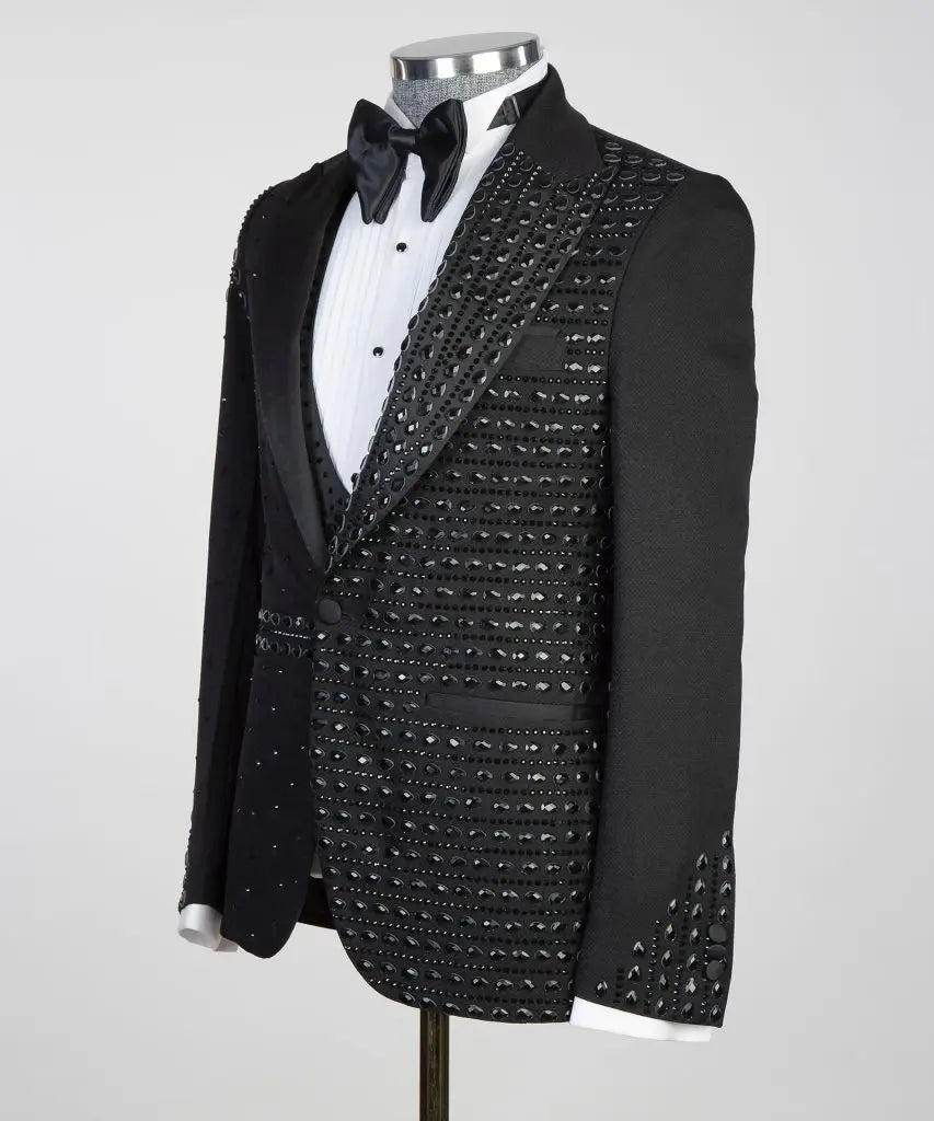 Crystals Men Suit Set 2 Pieces Black Blazer+Straight Pants Trouser Formal Office Jacket Coat Wedding Groom Tuxedo Customized