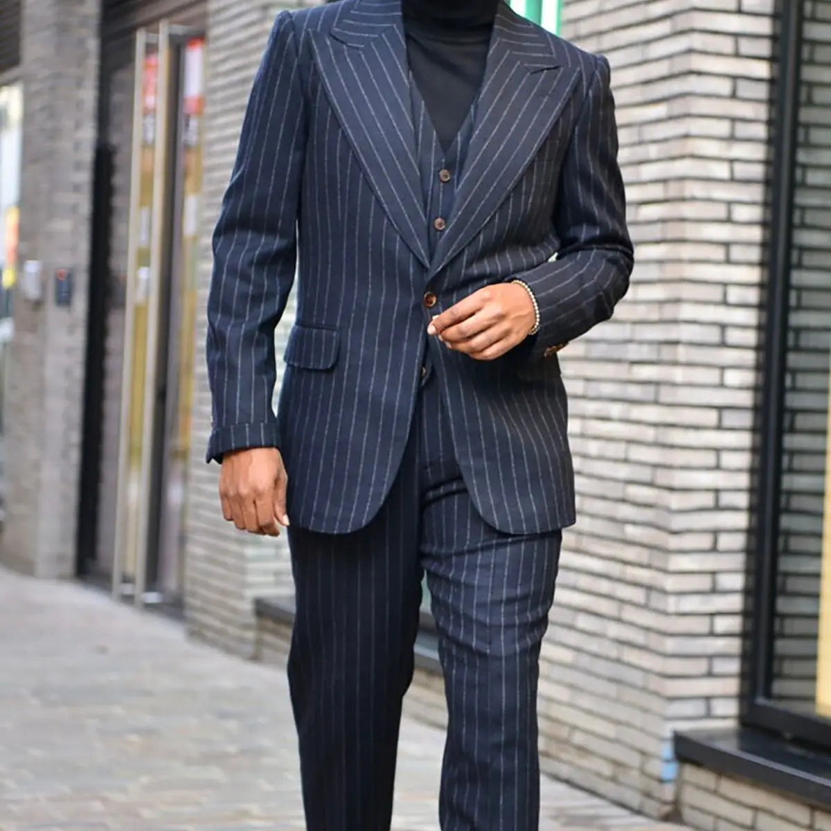 Costume de marié bleu marine à rayures pour homme, smoking de mariage, veste à revers pointu avec pantalon, costume d'affaires 2 pièces, blazer et pantalon