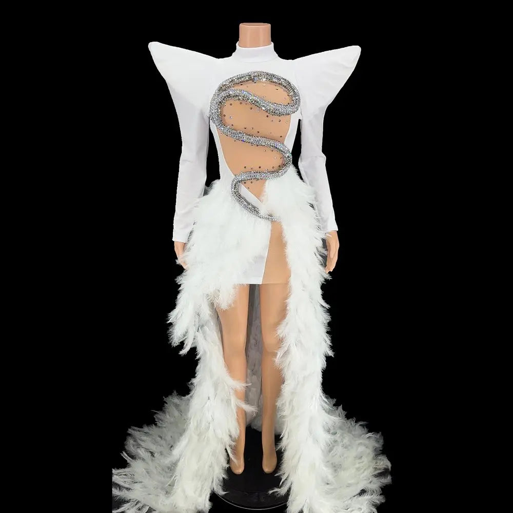 Robe de soirée longue à plumes et strass scintillants pour femme, tenue de scène, de chanteur, de spectacle, de fête, d'anniversaire 
