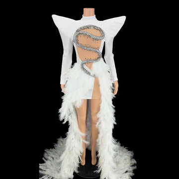 Robe de soirée longue à plumes et strass scintillants pour femme, tenue de scène, de chanteur, de spectacle, de fête, d'anniversaire 