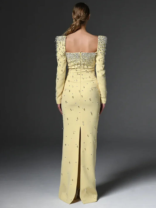 Fashion Designer Vestido Women's Square Collar Beading Diamonds Long Sleeve Maxi Dress
