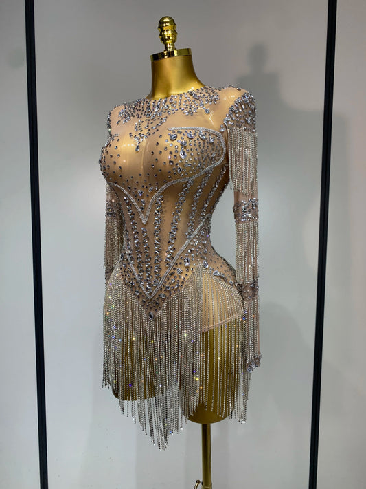 Combinaison sexy en maille transparente pour femme, tenue de scène, de danse, de discothèque, de chanteuse, avec strass scintillants, pour anniversaire