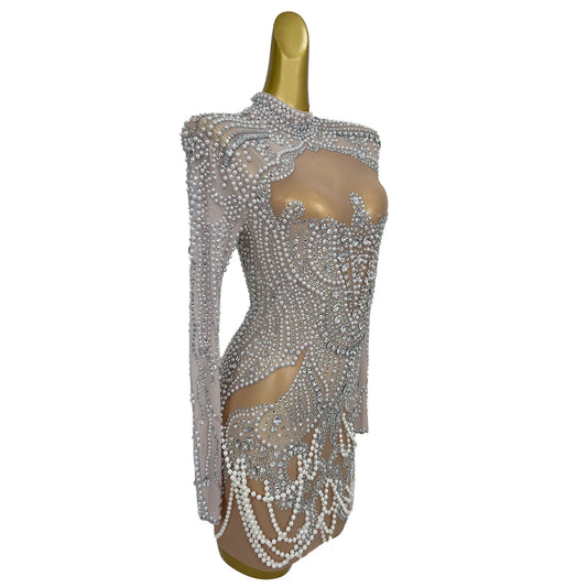 Sexy Flashing Sheath Mini Dress Luxury Diamonds Pearl Birthday Evening Party Nightclub Performance Costume Stage Wear