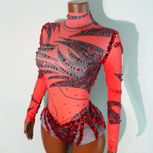 Sparkly Rhinestones Red Print Bodysuit Sequins Dance Singer Showgirl Stage Nightclub Costume Birthday Party Drag Queen Outfit