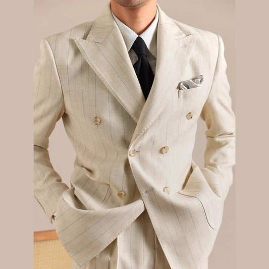 Luxury Stripe Business Suits for Men Double Breasted Formal Casual Dress Suits 2 Pieces Elegant Costume Homme Men Tuxedo Suit