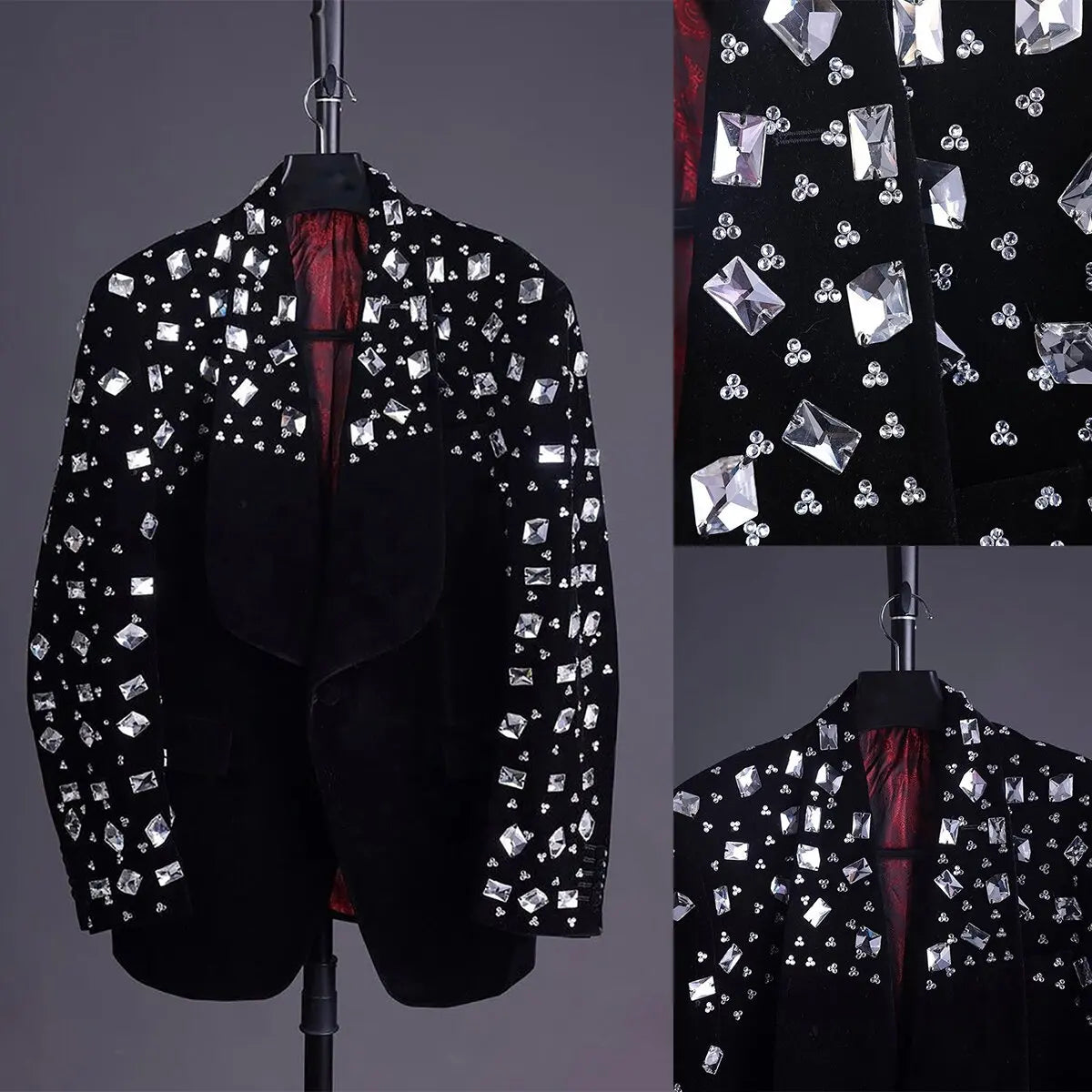 Big Crystal Men Wedding Tuxedos Beading Groom Wear Tailored Birthday Party Prom Jacket Outfits One Piece