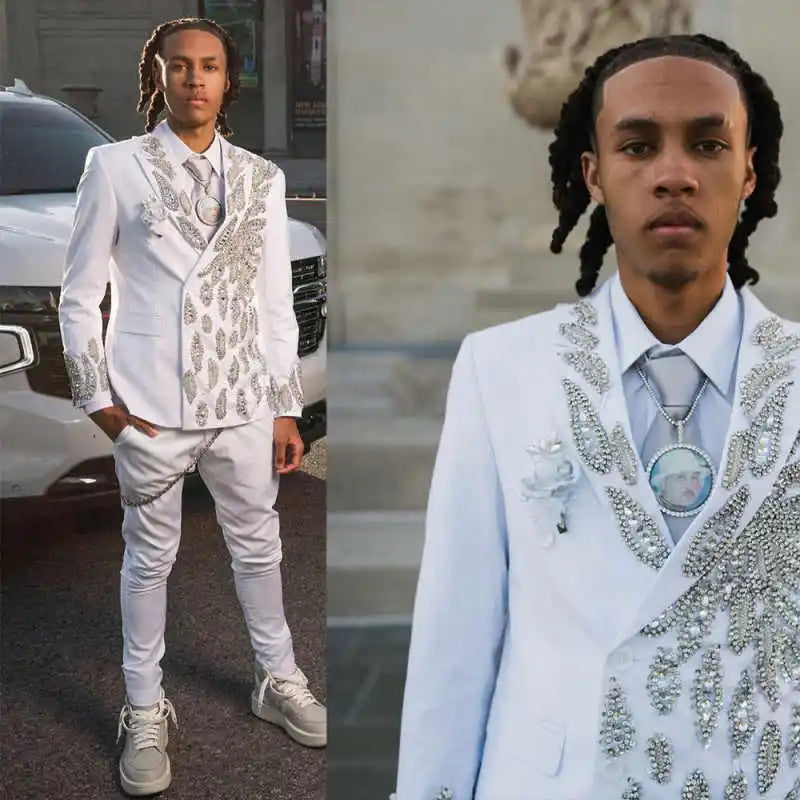 Luxury Beaded Wedding Tuxedos 2 Piece Set Jacket Pants Single Breasted Men Suits White Crystal Groom Wear Party Suit Customized