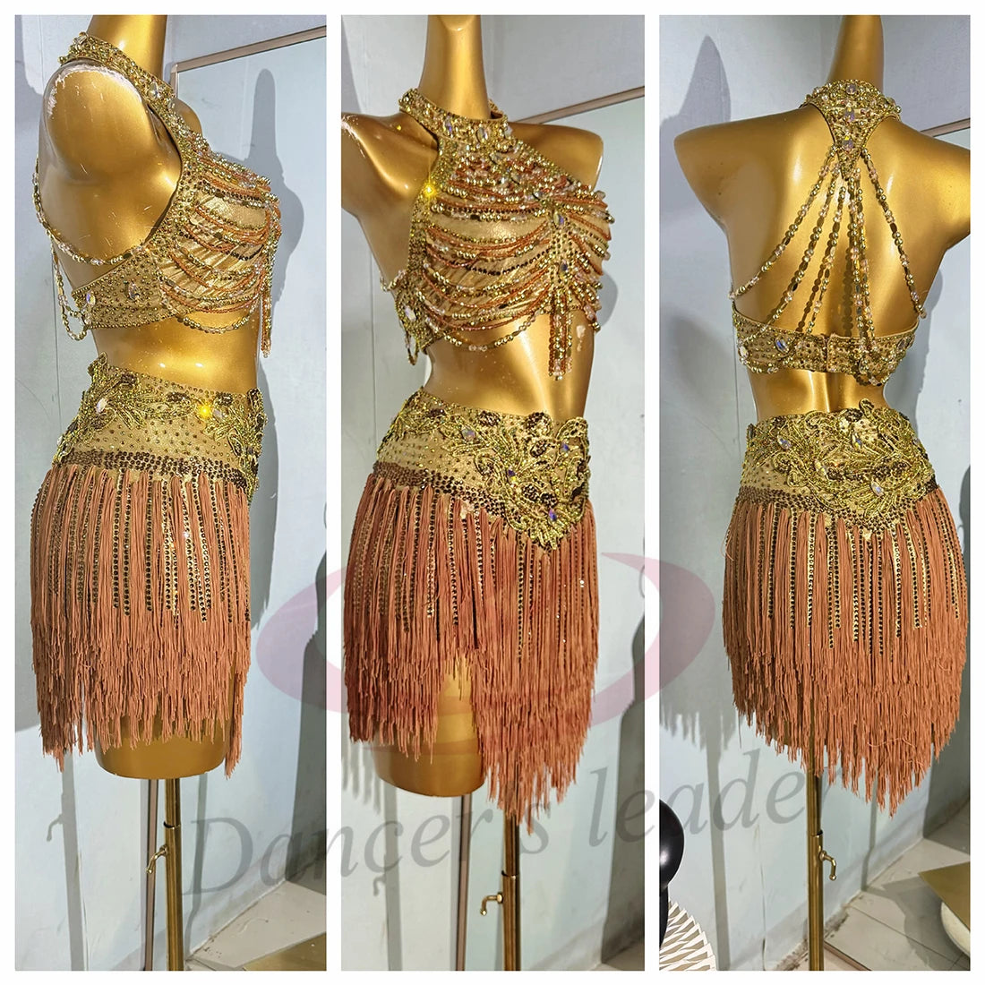 Latin Dance Costume AB Stone Female Adult Children High-End Customized Chain Flower Costume Samba Performance Dress