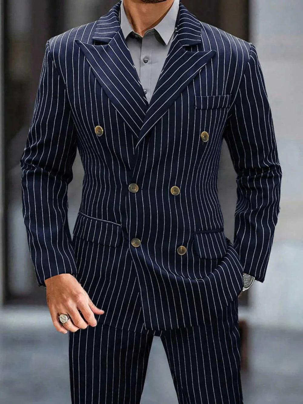 Handsome Wedding Tuxedos 2 Pcs Jacket Pants Long Sleeve Men Suit Gentleman Pinstripe Double Breasted Evening Party Customized
