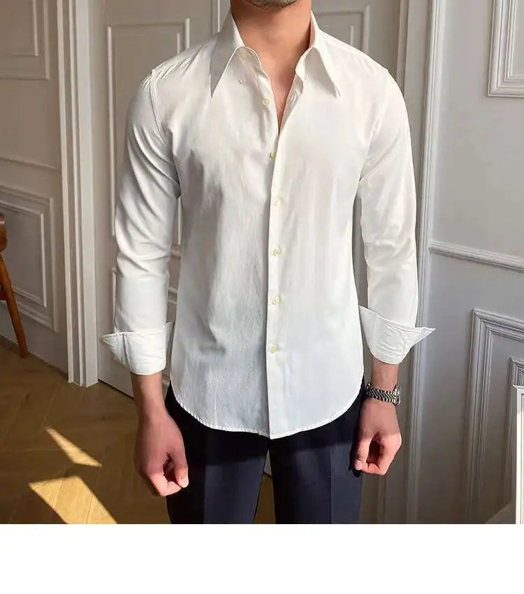 Leisure British Business Shirt Design British Men Cuba Collar Slim Solid White Shirt Camisa Social Masculina Men Shirt