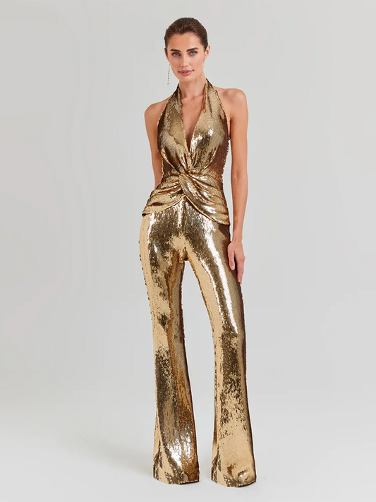 Combinaison sans manches à paillettes dorées pour femme, sexy, col en V, paillettes scintillantes, taille haute, pantalon large, soirée, célébrité