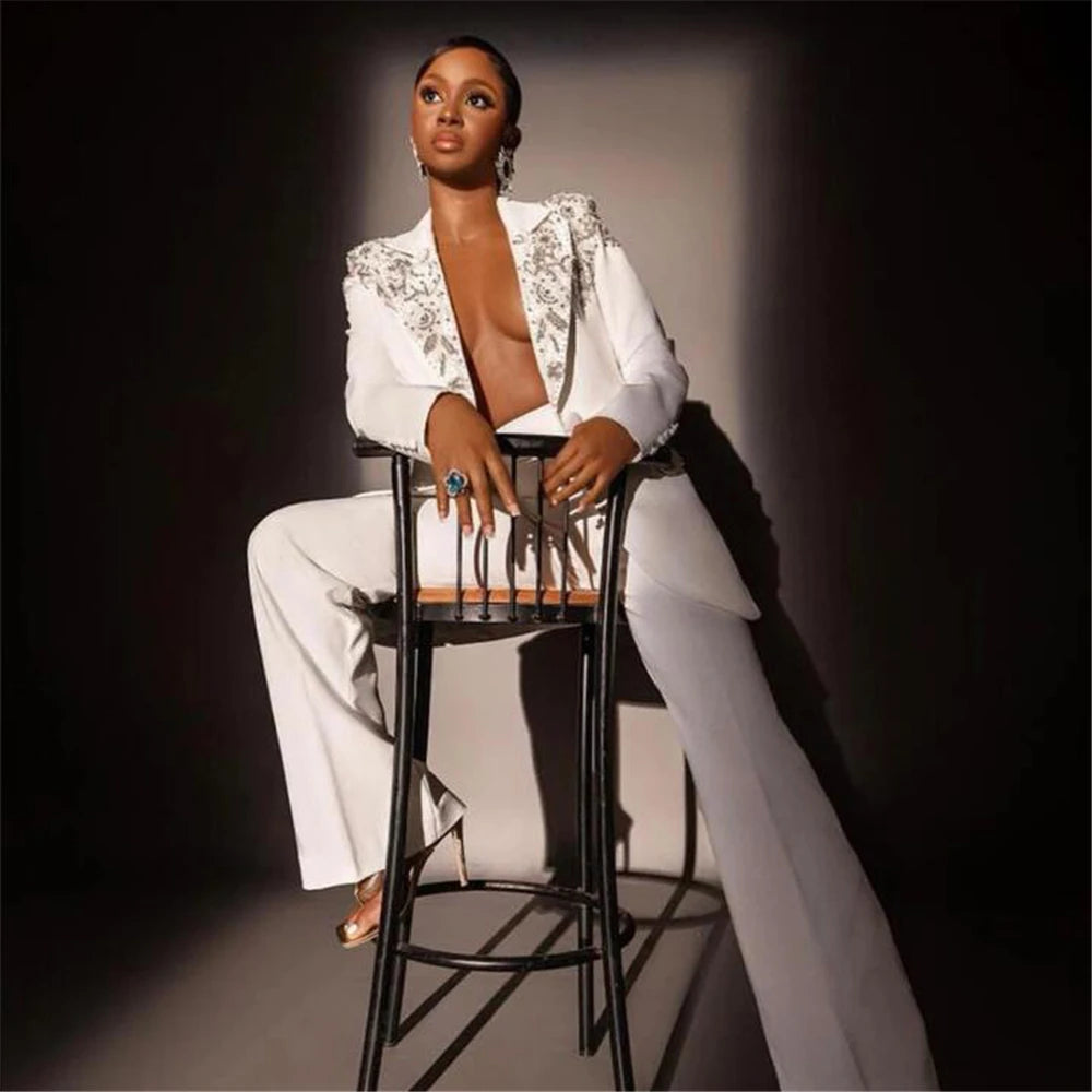 Luxury Ivory Suits Women Handmade Sliver Beaded Jacket Pants 2 PCS Female Fashion Wedding Guest Bride's Mother Dress Customized