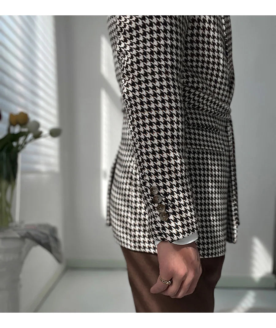 Houndstooth Woolen Blen Dplaid Retro Casual Men's Coat Slim Long Sleeve Belt Suit 2PC