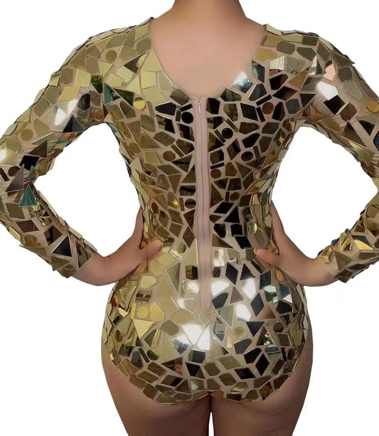 Body sexy de scène avec strass dorés et miroirs pour femme, tenue de fête d'anniversaire, DS Bar, chanteur, danseur, spectacle