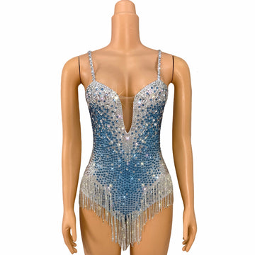 Ropa de moda para actuaciones, de lujo, con diamantes de imitación y cadenas de cristal, escote en V, para fiestas, bailarinas y cantantes, disfraz de escenario.