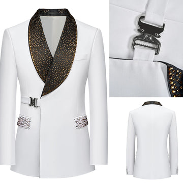 Fashion Men Suits Beads 2 Pieces Set Tailor-Made Shawl Lapel Jacket Blazer Belt Groom Evening Prom Customized Coat Pants