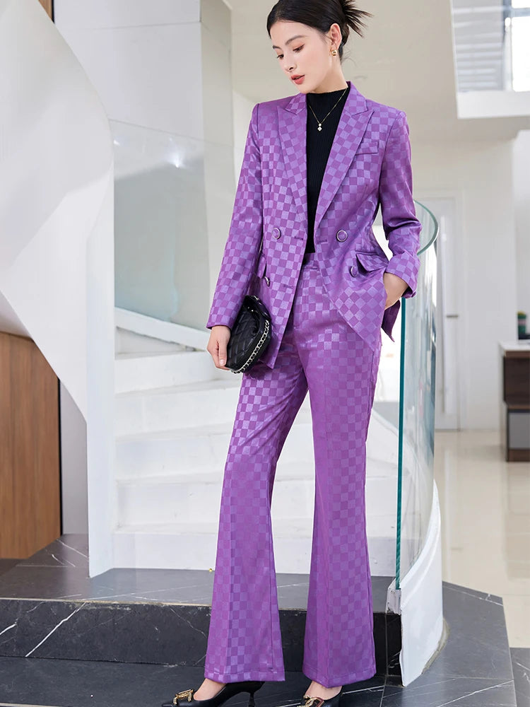 Fashion Ladies Formal Pant Suit Women Purple Pink Black Plaid Jacket and Trouser Female Business Work Wear 2 Piece Blazer Set