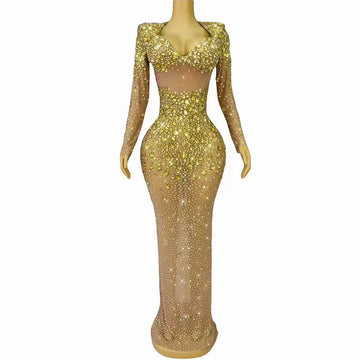 Sexy Stage Elegant Luxury Evening Shining Gold Rhinestones Dress Women Cocktail Party Gowns Birthday Stage Photoshoot Costume