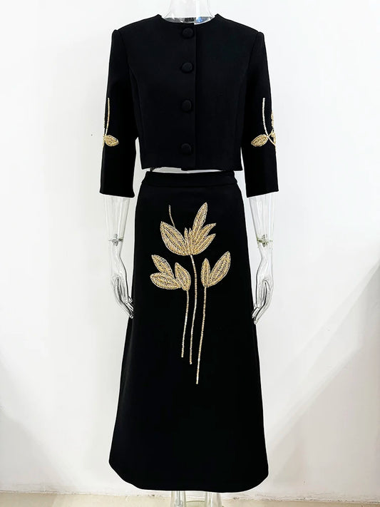 Newest Fashion Suit Set Women's 3/4 Sleeve Beaded Cropped Jacket Midi Skirt Suit 2pcs