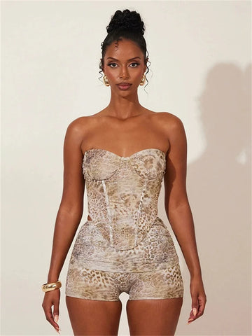 Animals Print Matching 2 Piece Set Women Summer New Strapless Crop Tanks+Stacked Skinny Shorts Female Hipster Streetwear