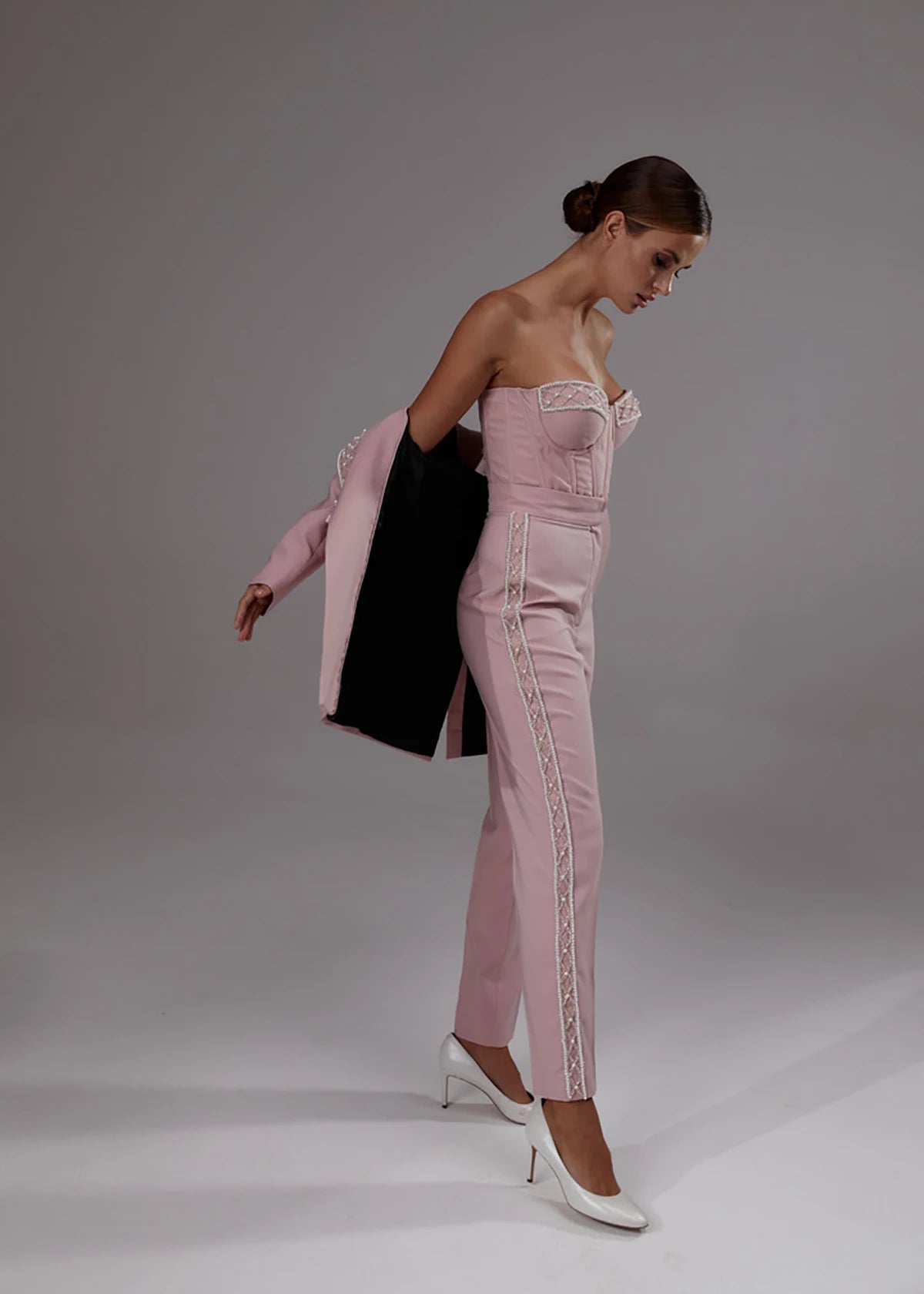 Elegant Pearl Beaded Blazer Set for Women - 3 Piece Custom Tailored Outfit for Party, Prom, and Wedding Events