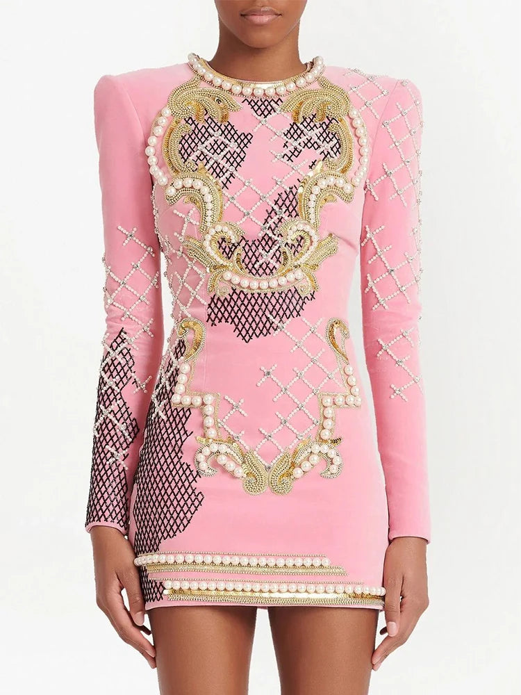 Designer Runway Fashion Women's Long Sleeve Stunning Sequined Pearls Beaded Velvet Dress