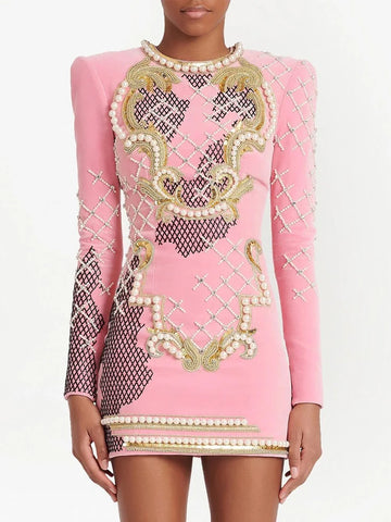Designer Runway Fashion Women's Long Sleeve Stunning Sequined Pearls Beaded Velvet Dress