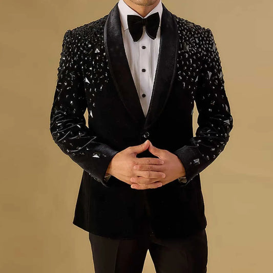 Customized Diamond Men Suits 2 Pieces Sets Groom Male Blazers Rhinestones Beaded Ropa Wedding Slim Fit Party Tuxedos Slim Fit