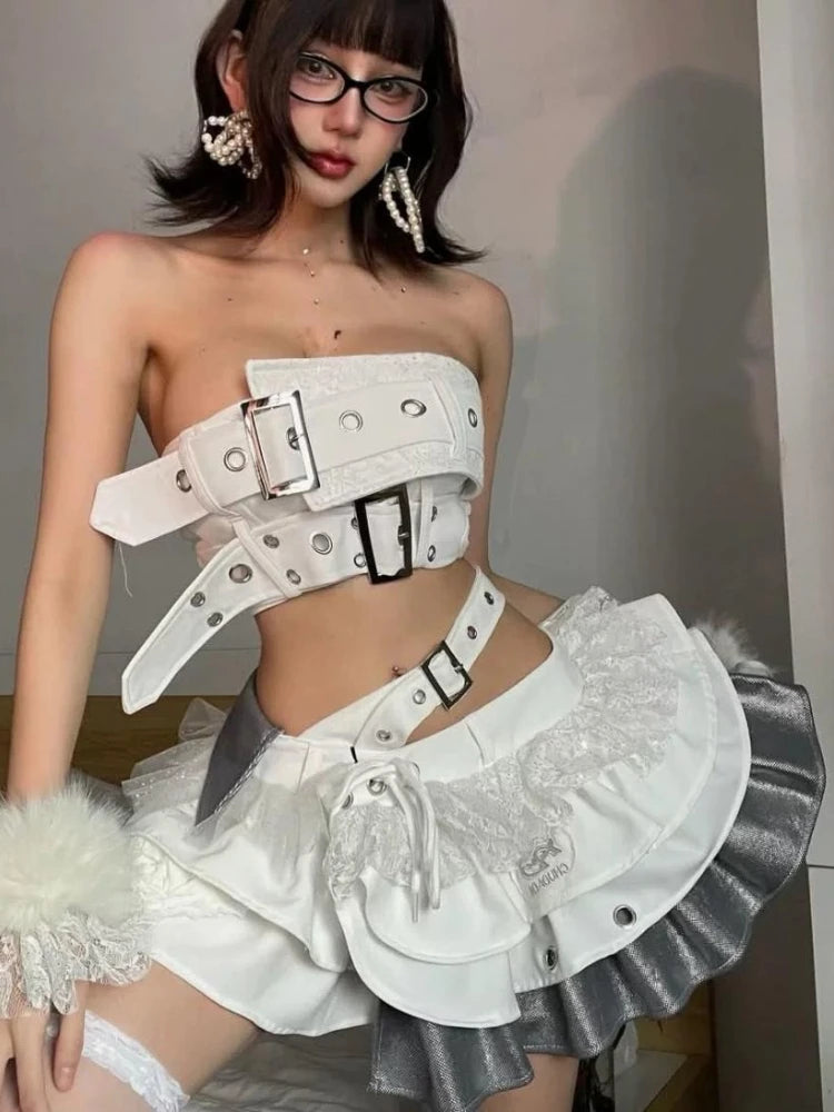 Ensemble 2 pièces vintage élégant pour femme, style années 2000, style punk gothique, haut court sans bretelles + jupe taille haute à volants, tenue de soirée 