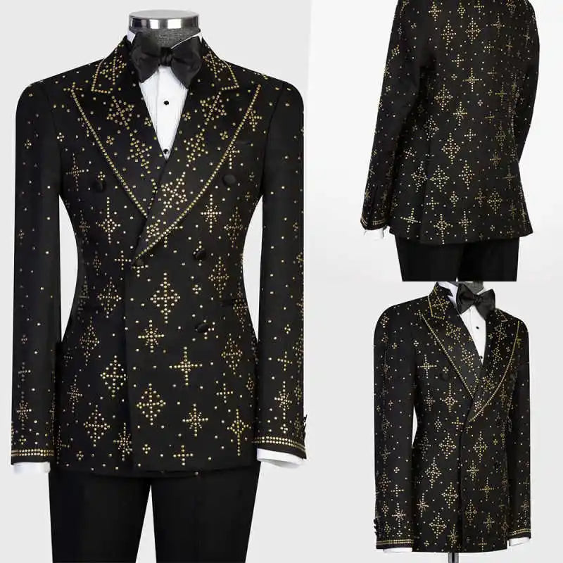 Luxurious Wedding Tuxedos 2 Piece Set Jacket Pant Beaded Men Suit Double Breasted Party Show Prom Male Suits Customized