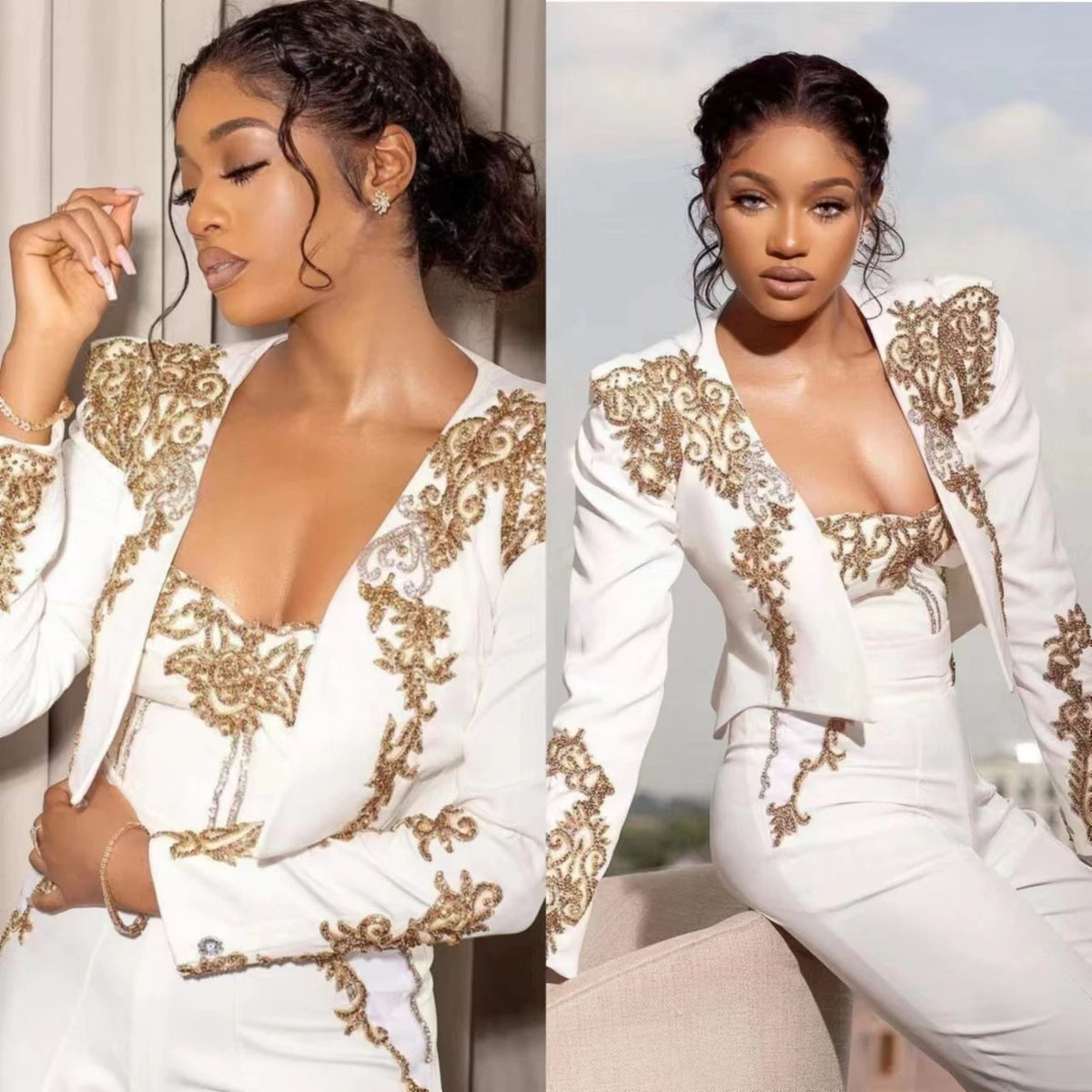 Luxury Women's Suit Long Sleeves Appliques Lady Set White Coat for Wedding Prom Slim Fit 3 Pcs Jacket Coat Pants Customize